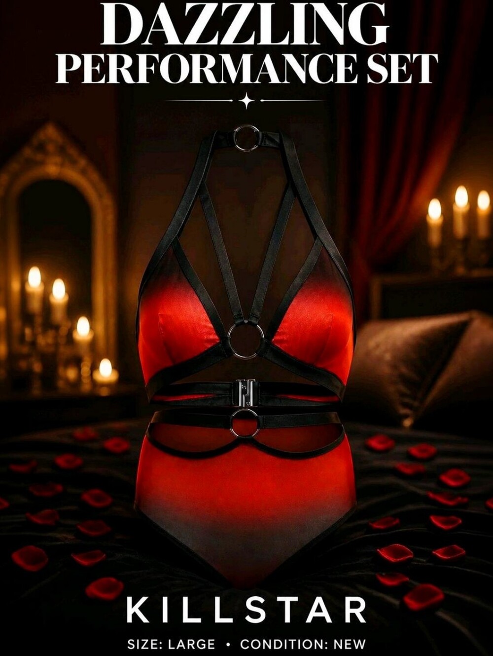 Killstar ✦ Bra & Panty Set ✦ Dazzling Performance Red Black Strappy Metal Ring L
